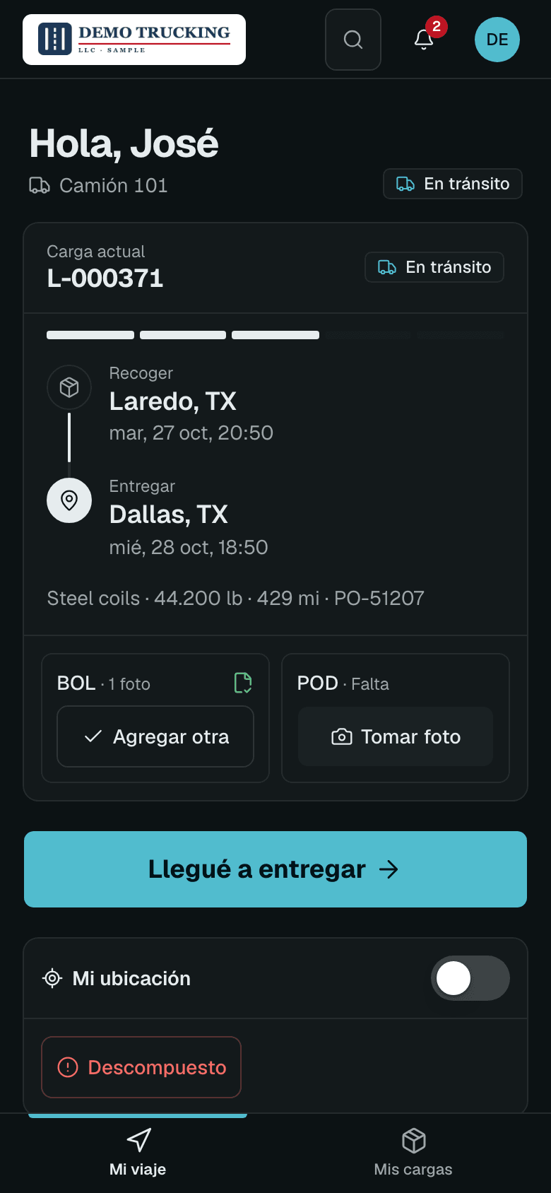 App para choferes de Troka en un celular, con la carga actual y los pasos de entrega